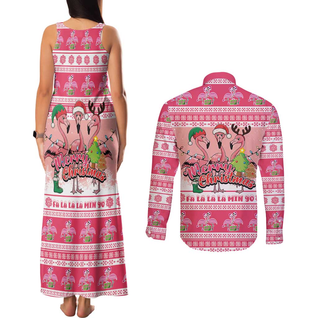 Flamingo Pink Christmas Couples Matching Tank Maxi Dress and Long Sleeve Button Shirt Fa La La La Min Go - Wonder Print Shop