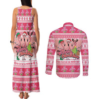 Flamingo Pink Christmas Couples Matching Tank Maxi Dress and Long Sleeve Button Shirt Fa La La La Min Go - Wonder Print Shop