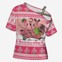 Flamingo Pink Christmas Cross Shoulder Shirt Fa La La La Min Go - Wonder Print Shop