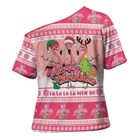 Flamingo Pink Christmas Cross Shoulder Shirt Fa La La La Min Go - Wonder Print Shop