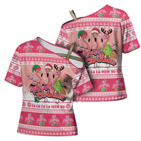 Flamingo Pink Christmas Cross Shoulder Shirt Fa La La La Min Go - Wonder Print Shop