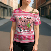 Flamingo Pink Christmas Cross Shoulder Shirt Fa La La La Min Go - Wonder Print Shop