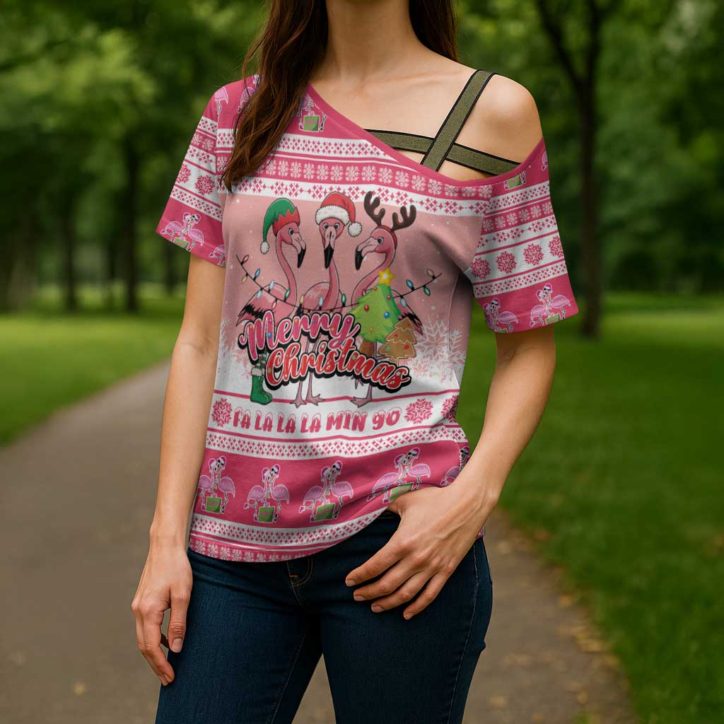 Flamingo Pink Christmas Cross Shoulder Shirt Fa La La La Min Go - Wonder Print Shop