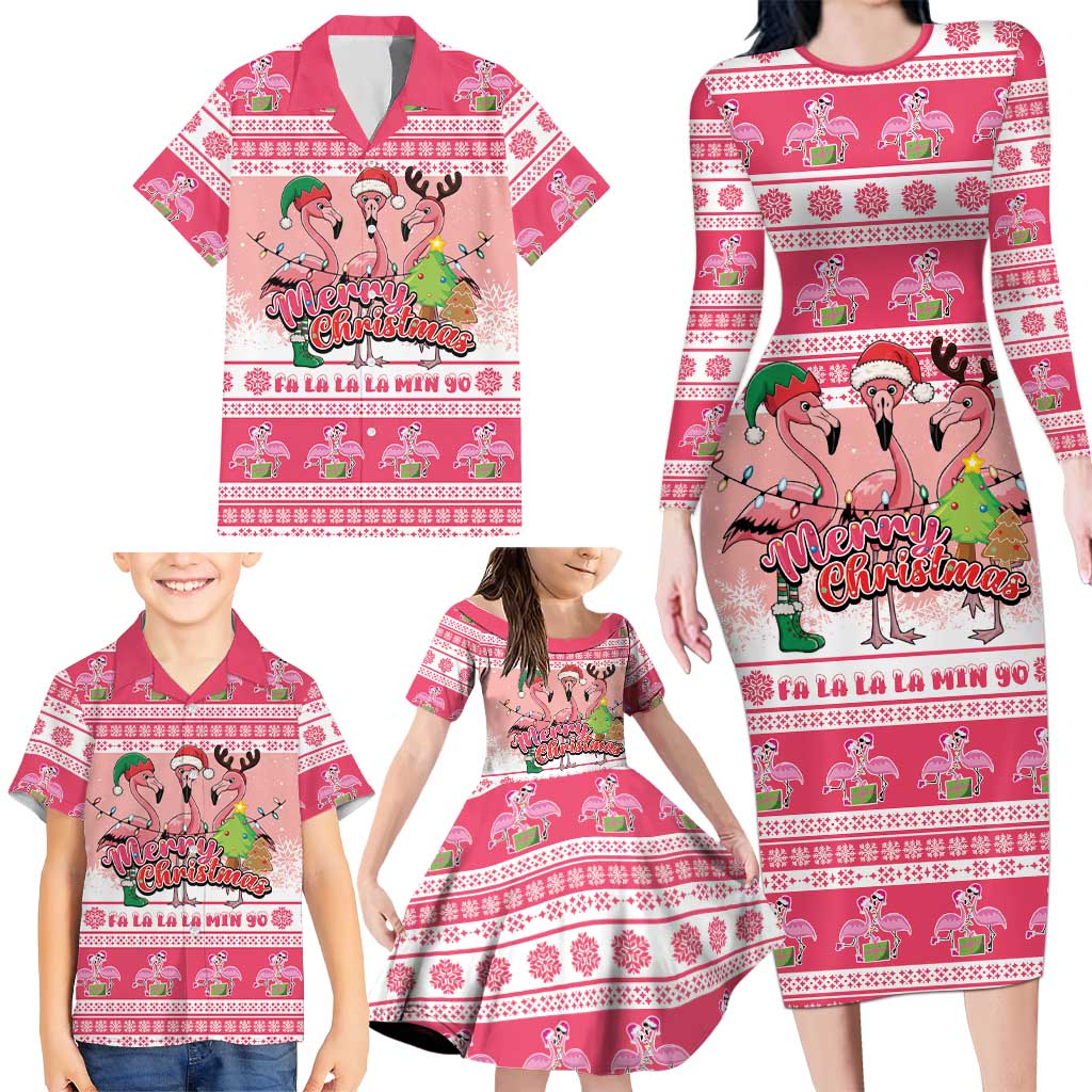 Flamingo Pink Christmas Family Matching Long Sleeve Bodycon Dress and Hawaiian Shirt Fa La La La Min Go - Wonder Print Shop