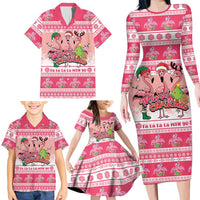 Flamingo Pink Christmas Family Matching Long Sleeve Bodycon Dress and Hawaiian Shirt Fa La La La Min Go - Wonder Print Shop