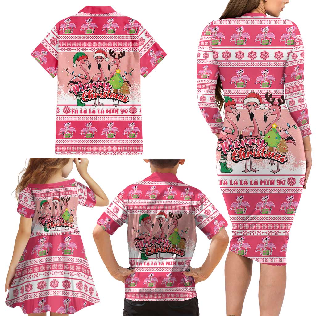 Flamingo Pink Christmas Family Matching Long Sleeve Bodycon Dress and Hawaiian Shirt Fa La La La Min Go - Wonder Print Shop