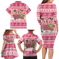 Flamingo Pink Christmas Family Matching Long Sleeve Bodycon Dress and Hawaiian Shirt Fa La La La Min Go - Wonder Print Shop
