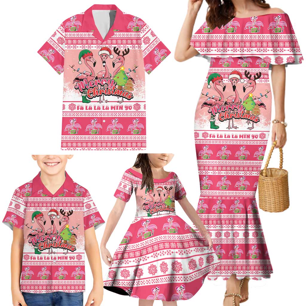Flamingo Pink Christmas Family Matching Mermaid Dress and Hawaiian Shirt Fa La La La Min Go - Wonder Print Shop