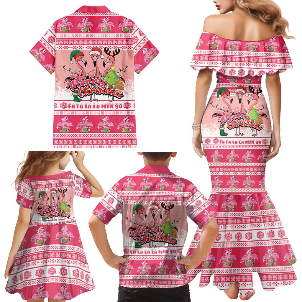 Flamingo Pink Christmas Family Matching Mermaid Dress and Hawaiian Shirt Fa La La La Min Go - Wonder Print Shop