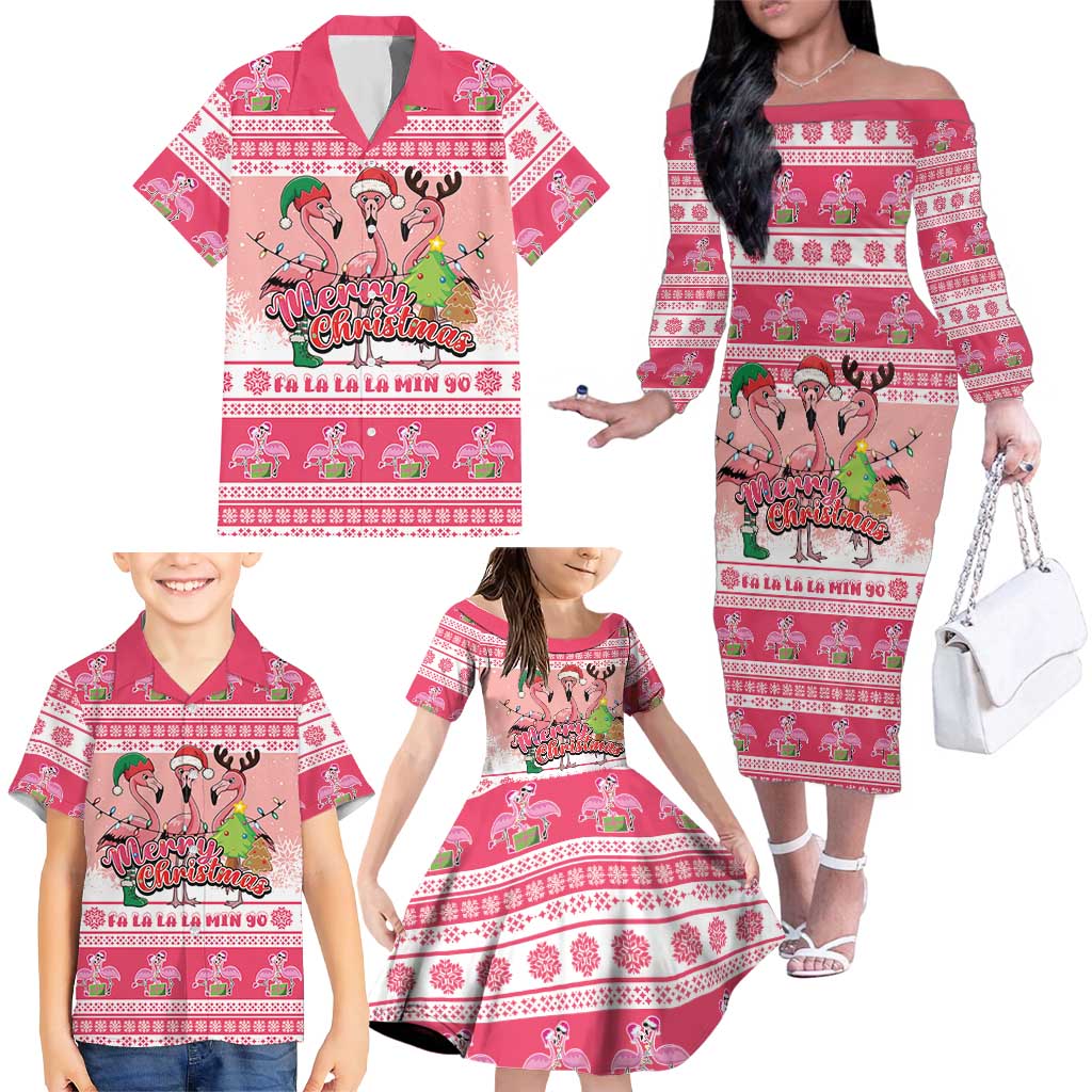 Flamingo Pink Christmas Family Matching Off The Shoulder Long Sleeve Dress and Hawaiian Shirt Fa La La La Min Go - Wonder Print Shop