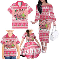 Flamingo Pink Christmas Family Matching Off The Shoulder Long Sleeve Dress and Hawaiian Shirt Fa La La La Min Go - Wonder Print Shop