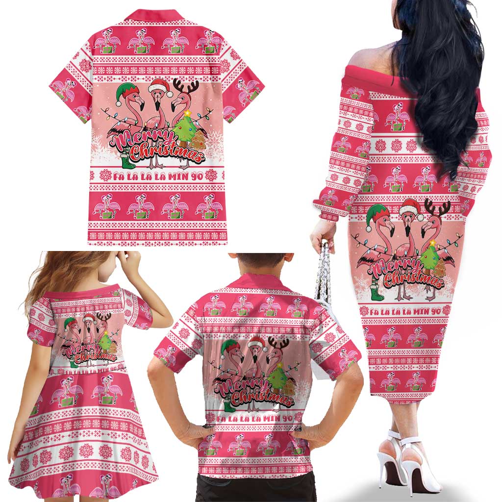 Flamingo Pink Christmas Family Matching Off The Shoulder Long Sleeve Dress and Hawaiian Shirt Fa La La La Min Go - Wonder Print Shop