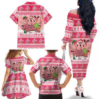 Flamingo Pink Christmas Family Matching Off The Shoulder Long Sleeve Dress and Hawaiian Shirt Fa La La La Min Go - Wonder Print Shop