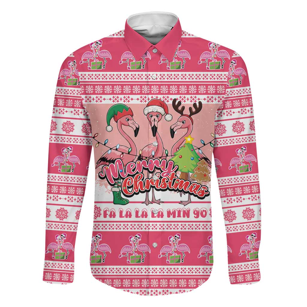 Flamingo Pink Christmas Family Matching Off The Shoulder Long Sleeve Dress and Hawaiian Shirt Fa La La La Min Go - Wonder Print Shop