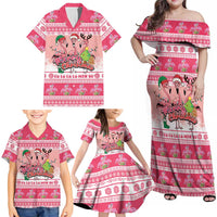 Flamingo Pink Christmas Family Matching Off Shoulder Maxi Dress and Hawaiian Shirt Fa La La La Min Go - Wonder Print Shop