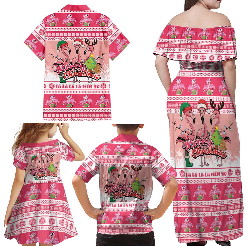 Flamingo Pink Christmas Family Matching Off Shoulder Maxi Dress and Hawaiian Shirt Fa La La La Min Go - Wonder Print Shop