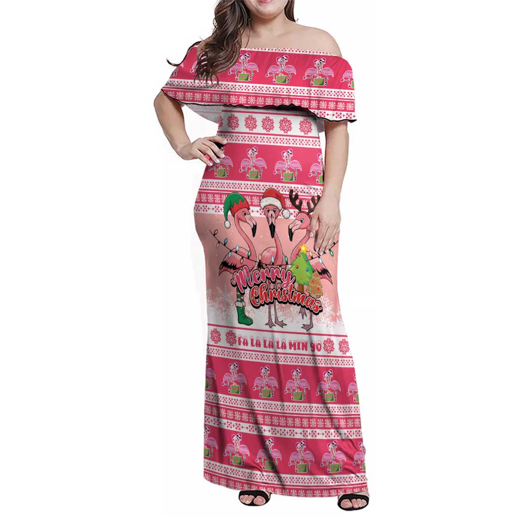 Flamingo Pink Christmas Family Matching Off Shoulder Maxi Dress and Hawaiian Shirt Fa La La La Min Go - Wonder Print Shop