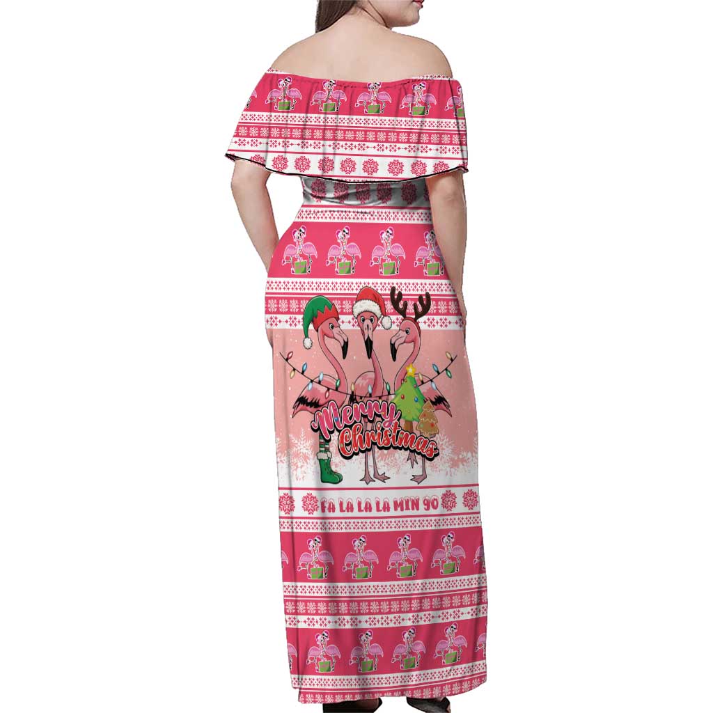 Flamingo Pink Christmas Family Matching Off Shoulder Maxi Dress and Hawaiian Shirt Fa La La La Min Go - Wonder Print Shop