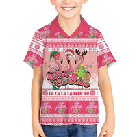 Flamingo Pink Christmas Family Matching Off Shoulder Maxi Dress and Hawaiian Shirt Fa La La La Min Go - Wonder Print Shop