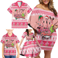 Flamingo Pink Christmas Family Matching Off Shoulder Short Dress and Hawaiian Shirt Fa La La La Min Go - Wonder Print Shop