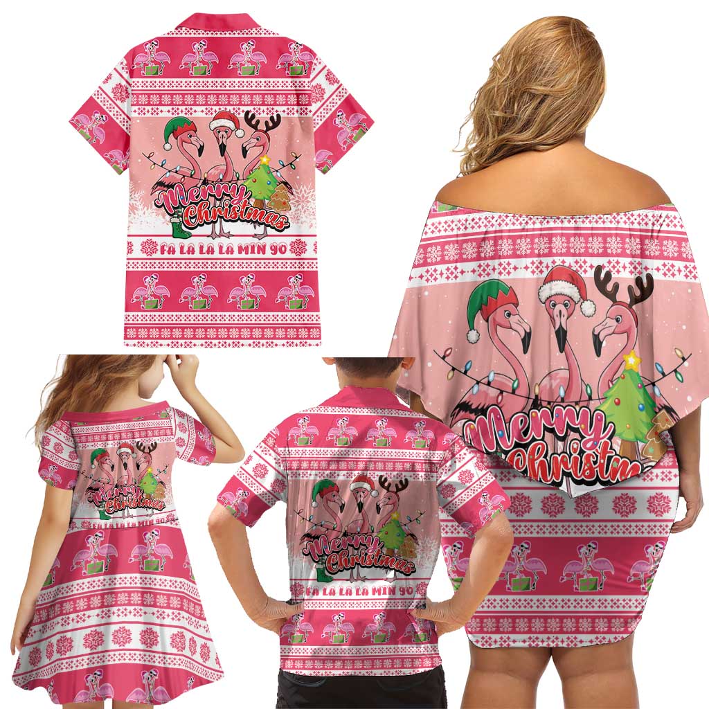 Flamingo Pink Christmas Family Matching Off Shoulder Short Dress and Hawaiian Shirt Fa La La La Min Go - Wonder Print Shop