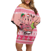 Flamingo Pink Christmas Family Matching Off Shoulder Short Dress and Hawaiian Shirt Fa La La La Min Go - Wonder Print Shop