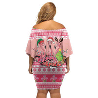 Flamingo Pink Christmas Family Matching Off Shoulder Short Dress and Hawaiian Shirt Fa La La La Min Go - Wonder Print Shop