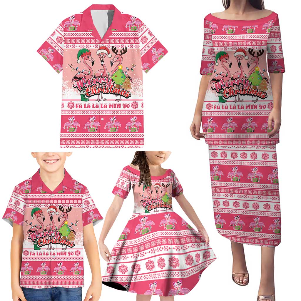 Flamingo Pink Christmas Family Matching Puletasi and Hawaiian Shirt Fa La La La Min Go - Wonder Print Shop