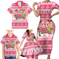 Flamingo Pink Christmas Family Matching Short Sleeve Bodycon Dress and Hawaiian Shirt Fa La La La Min Go - Wonder Print Shop