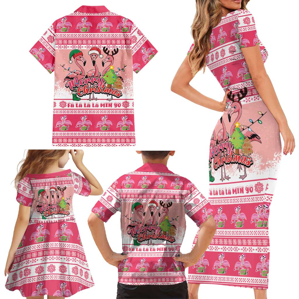 Flamingo Pink Christmas Family Matching Short Sleeve Bodycon Dress and Hawaiian Shirt Fa La La La Min Go - Wonder Print Shop