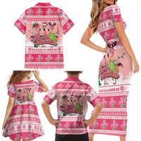 Flamingo Pink Christmas Family Matching Short Sleeve Bodycon Dress and Hawaiian Shirt Fa La La La Min Go - Wonder Print Shop