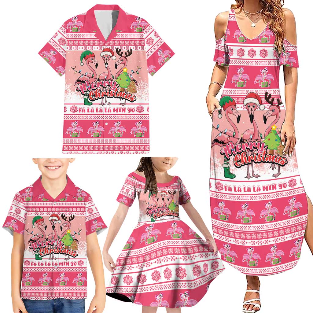 Flamingo Pink Christmas Family Matching Summer Maxi Dress and Hawaiian Shirt Fa La La La Min Go - Wonder Print Shop