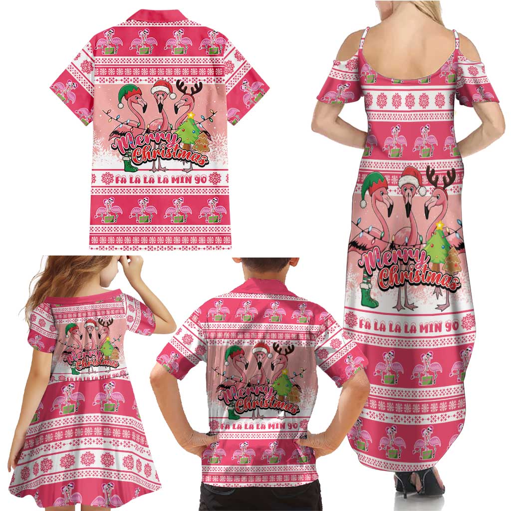 Flamingo Pink Christmas Family Matching Summer Maxi Dress and Hawaiian Shirt Fa La La La Min Go - Wonder Print Shop