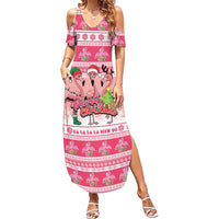 Flamingo Pink Christmas Family Matching Summer Maxi Dress and Hawaiian Shirt Fa La La La Min Go - Wonder Print Shop