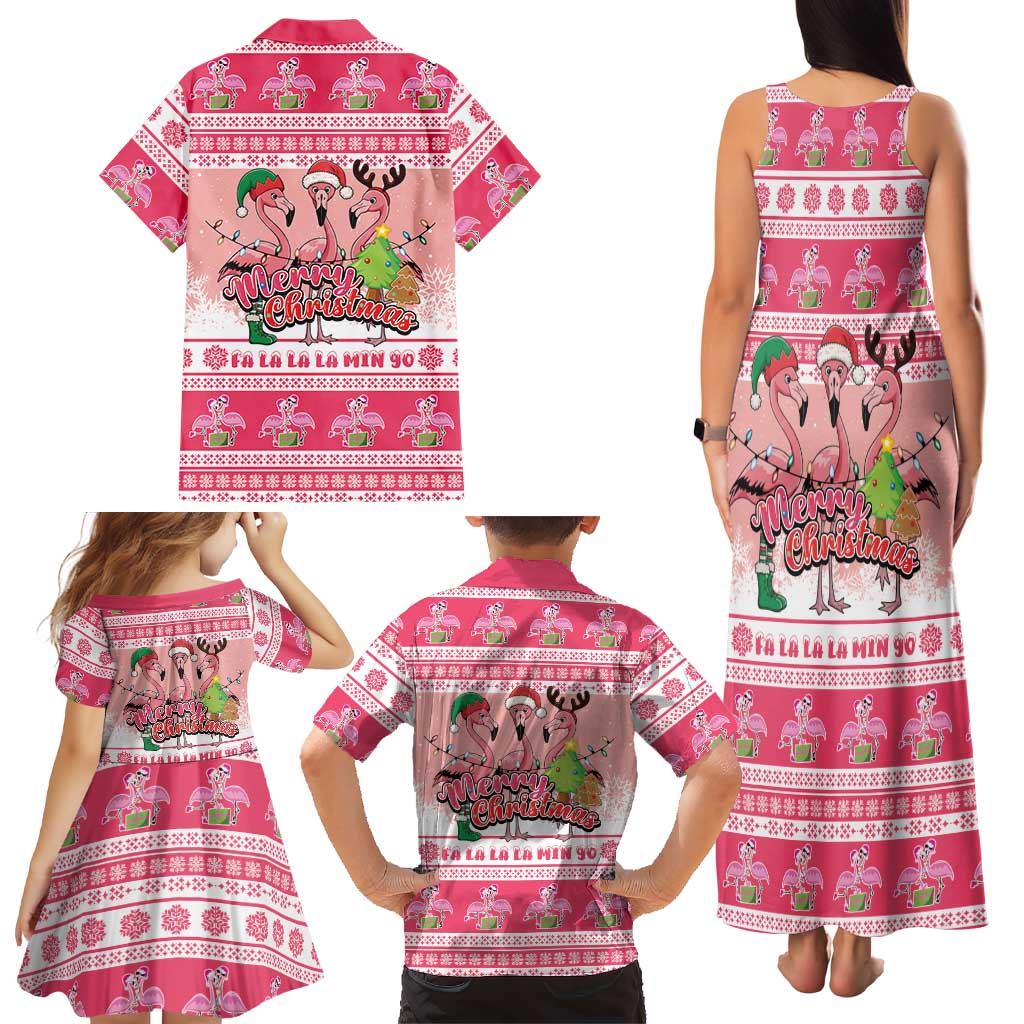 Flamingo Pink Christmas Family Matching Tank Maxi Dress and Hawaiian Shirt Fa La La La Min Go - Wonder Print Shop