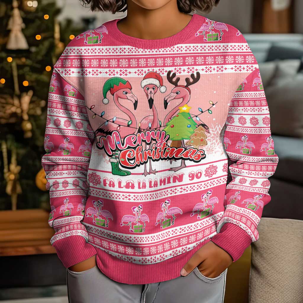 Flamingo Pink Christmas Kid Ugly Christmas Sweater Fa La La La Min Go - Wonder Print Shop