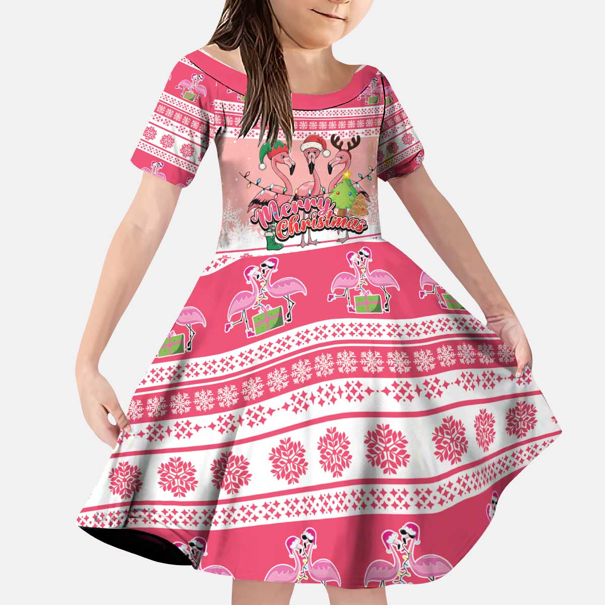Flamingo Pink Christmas Kid Short Sleeve Dress Fa La La La Min Go - Wonder Print Shop