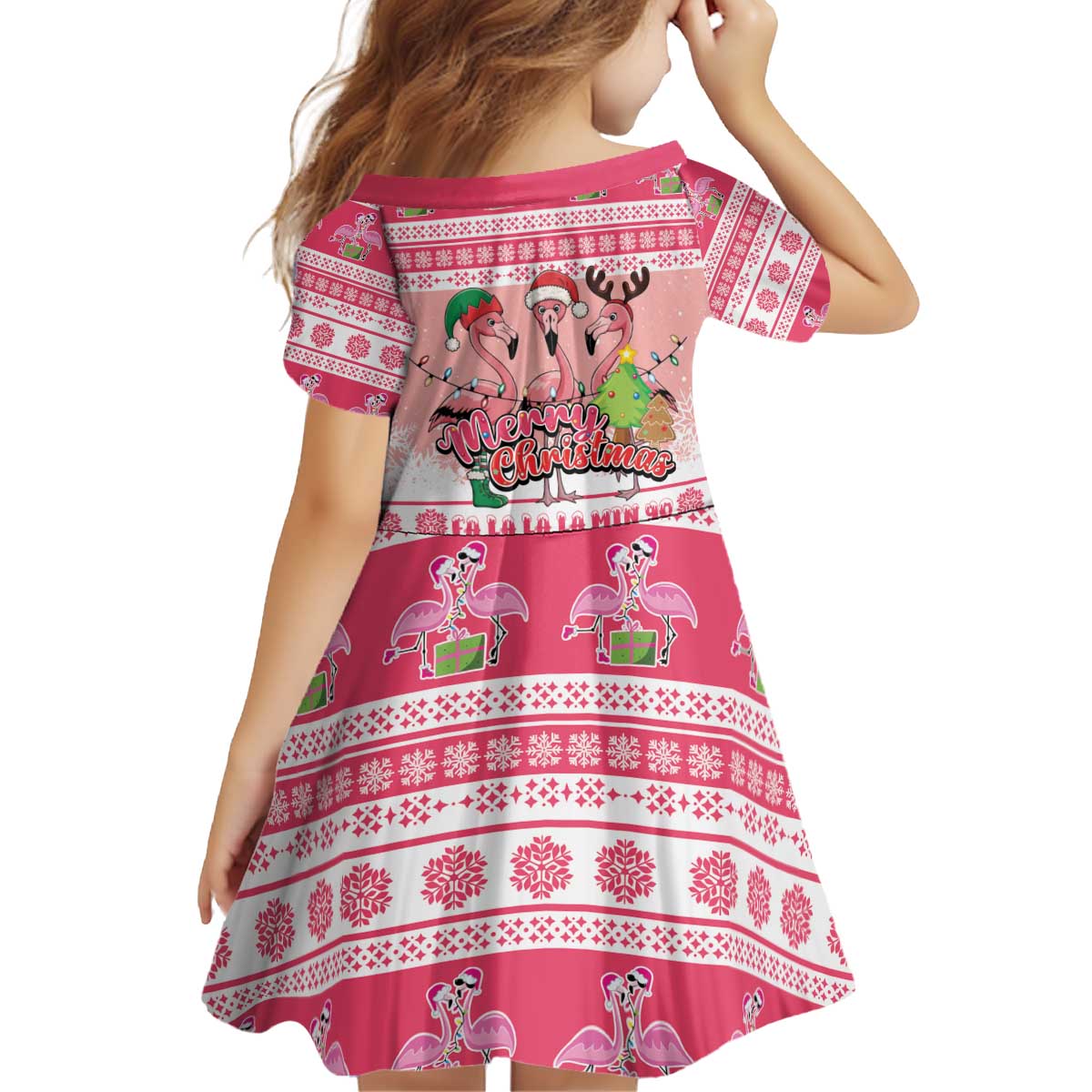 Flamingo Pink Christmas Kid Short Sleeve Dress Fa La La La Min Go - Wonder Print Shop