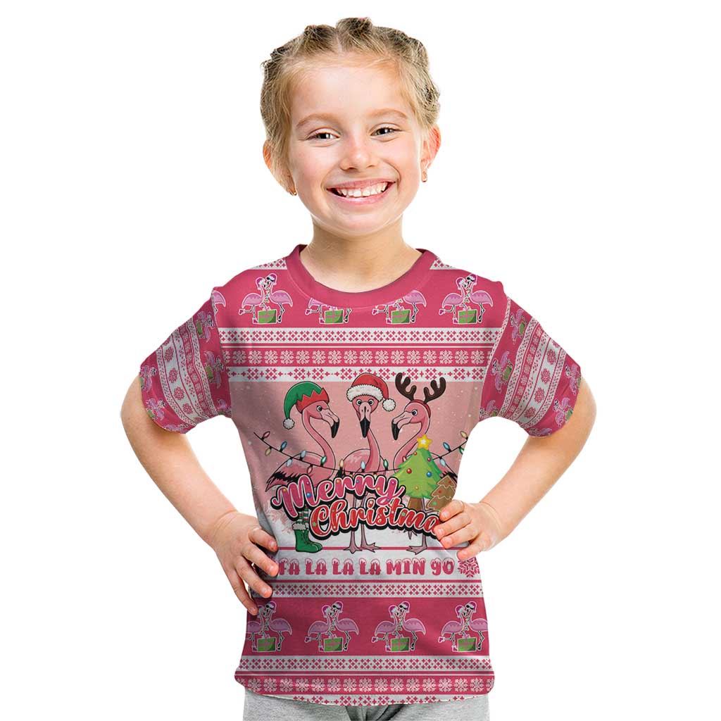 Flamingo Pink Christmas Kid T Shirt Fa La La La Min Go - Wonder Print Shop