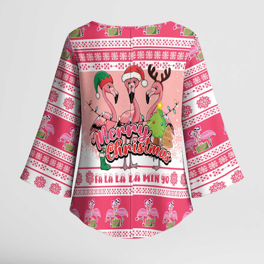 Flamingo Pink Christmas Kimono Sleeve Blouse Fa La La La Min Go - Wonder Print Shop