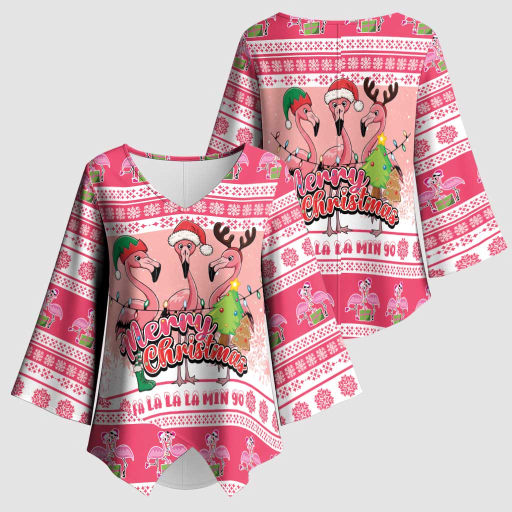Flamingo Pink Christmas Kimono Sleeve Blouse Fa La La La Min Go - Wonder Print Shop
