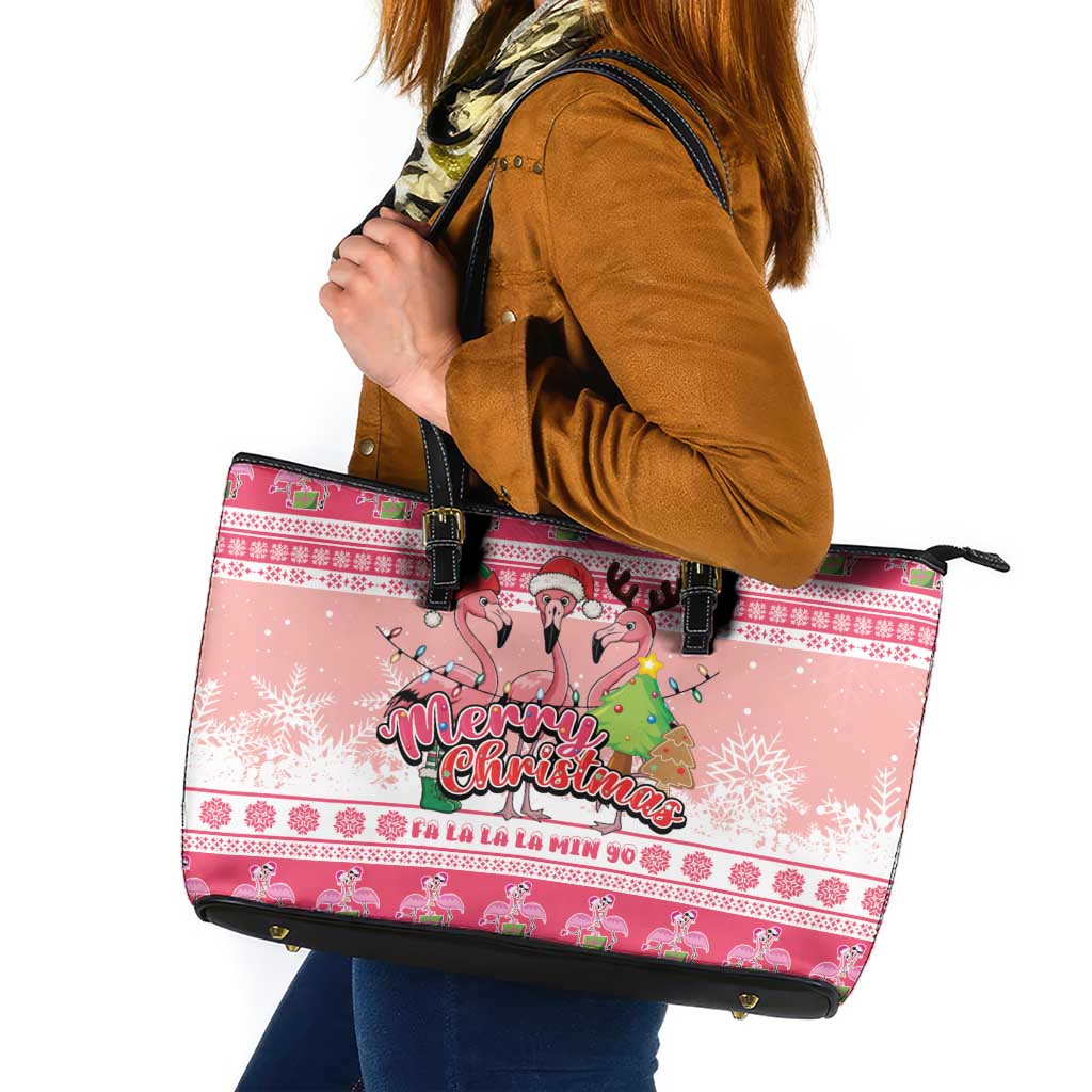 Flamingo Pink Christmas Leather Tote Bag Fa La La La Min Go - Wonder Print Shop