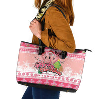 Flamingo Pink Christmas Leather Tote Bag Fa La La La Min Go - Wonder Print Shop