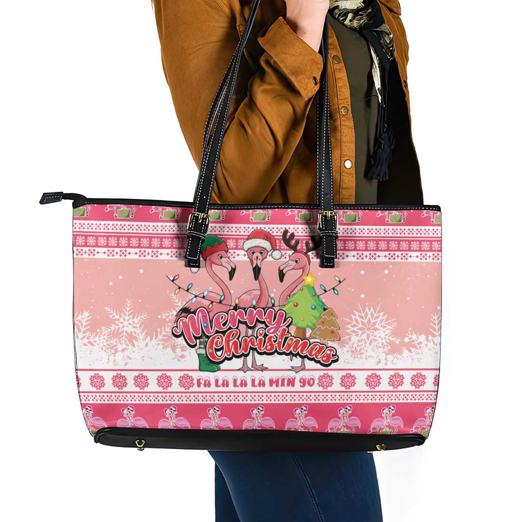 Flamingo Pink Christmas Leather Tote Bag Fa La La La Min Go - Wonder Print Shop