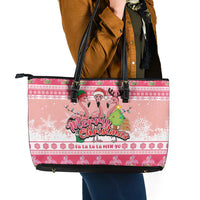 Flamingo Pink Christmas Leather Tote Bag Fa La La La Min Go - Wonder Print Shop
