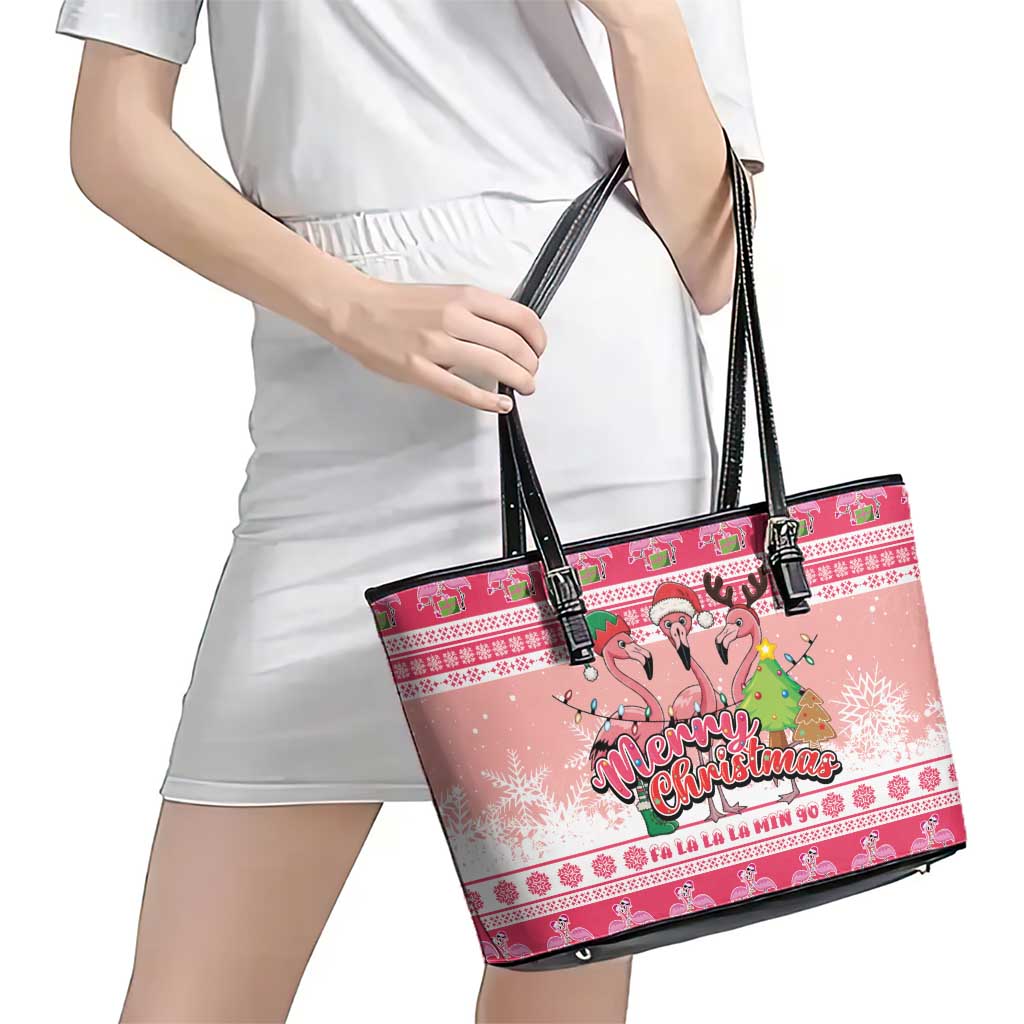 Flamingo Pink Christmas Leather Tote Bag Fa La La La Min Go - Wonder Print Shop