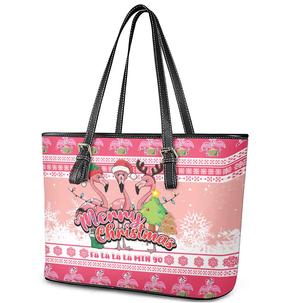 Flamingo Pink Christmas Leather Tote Bag Fa La La La Min Go - Wonder Print Shop