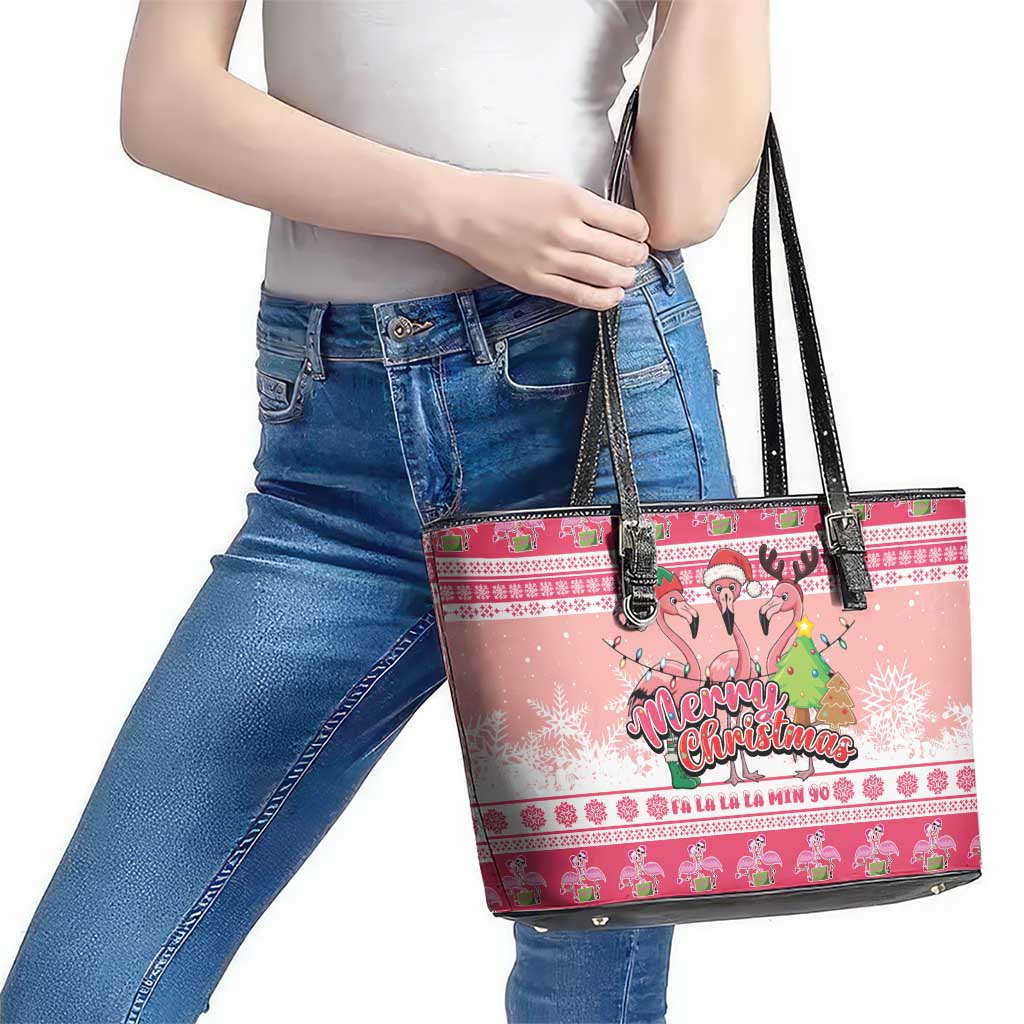 Flamingo Pink Christmas Leather Tote Bag Fa La La La Min Go - Wonder Print Shop