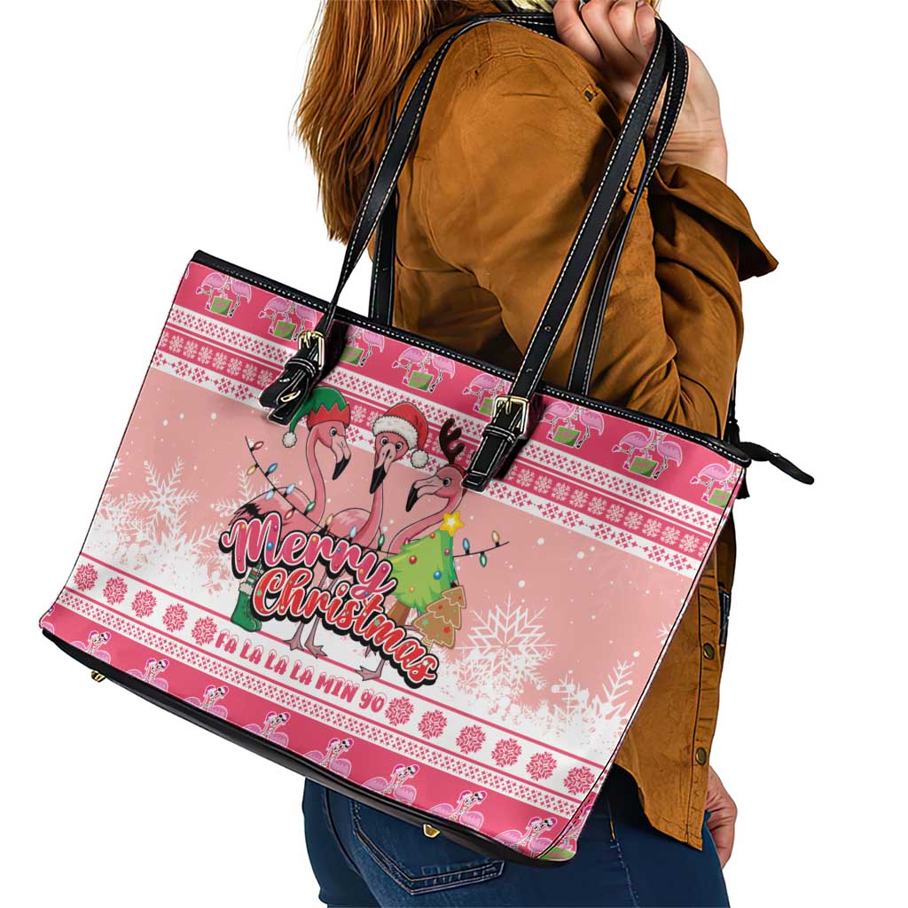 Flamingo Pink Christmas Leather Tote Bag Fa La La La Min Go - Wonder Print Shop