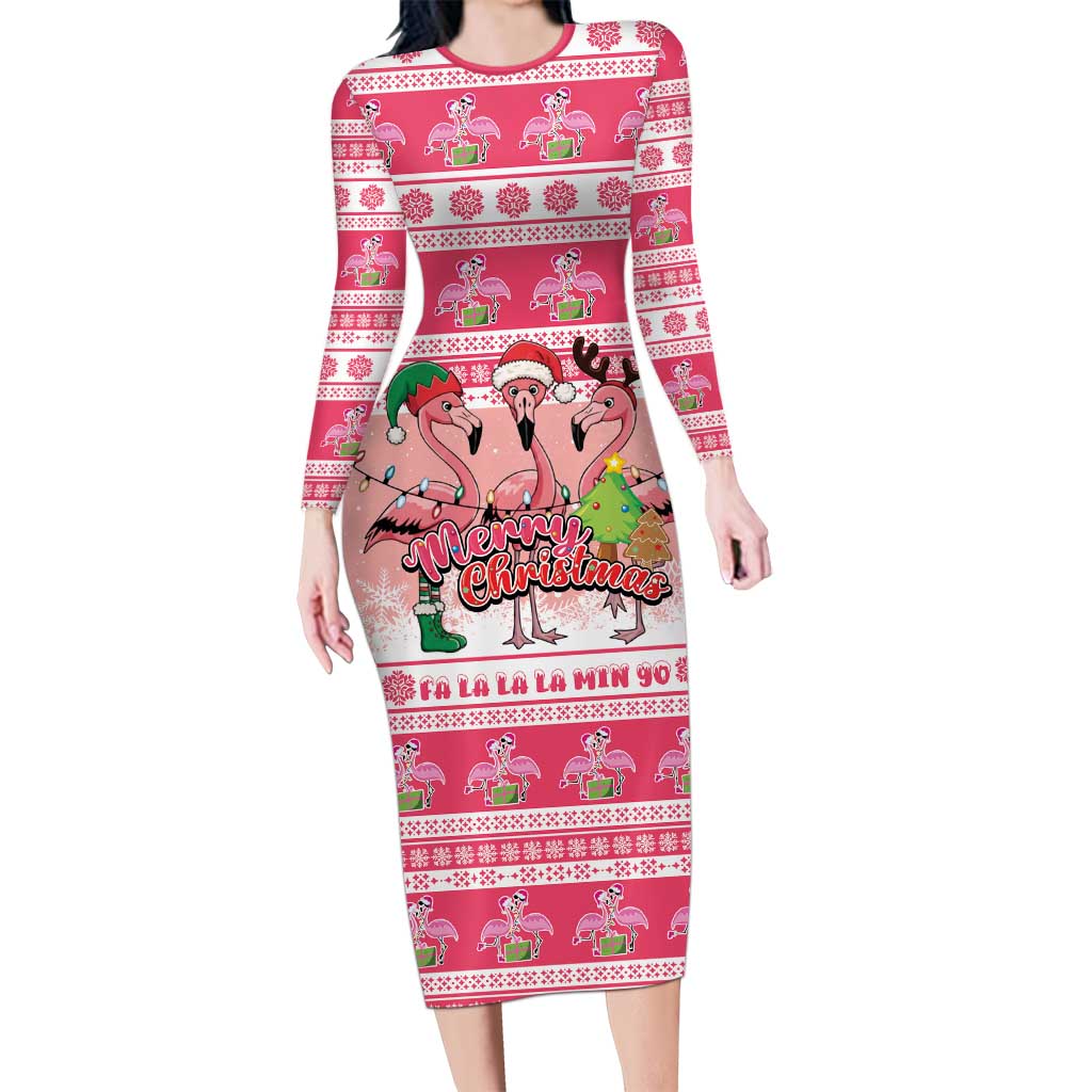 Flamingo Pink Christmas Long Sleeve Bodycon Dress Fa La La La Min Go - Wonder Print Shop